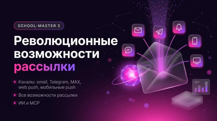 Конверт с иконками email, Telegram, SMS и push — каналы рассылки School-master 5